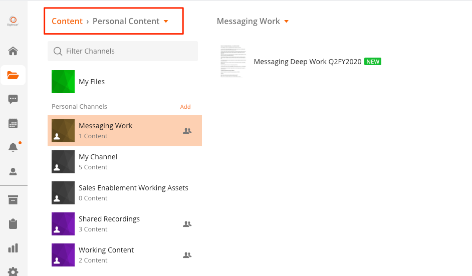 Content > Personal Content within Bigtincan interface