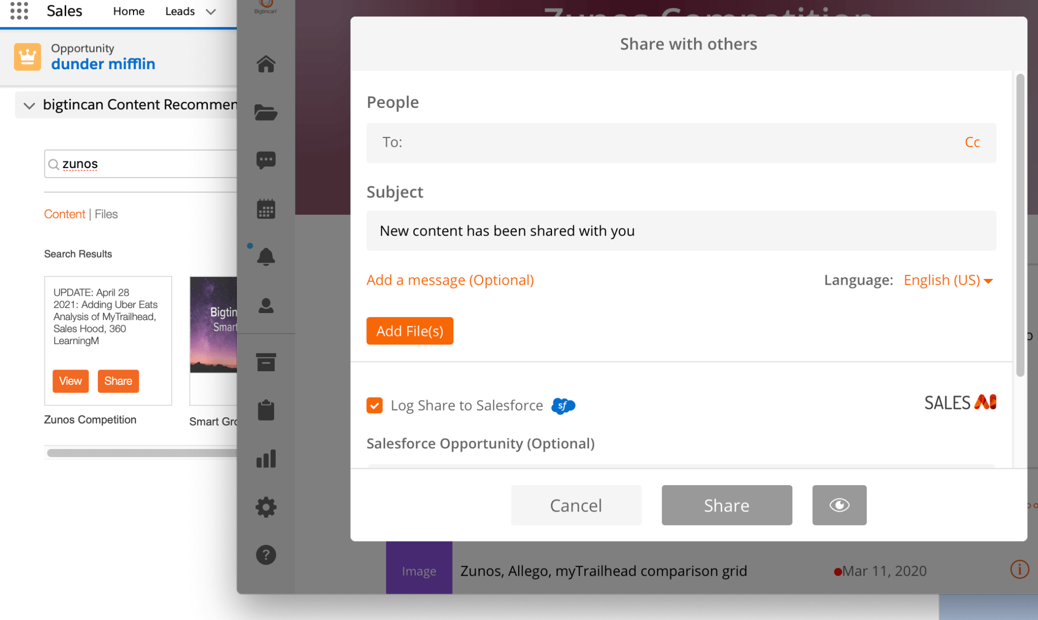 Easily share documents and files from within Bigtincan.