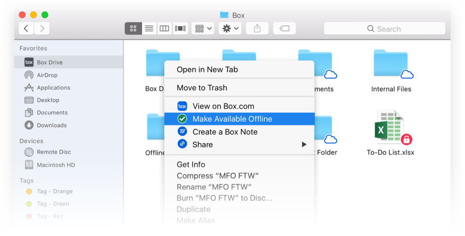 Within Box, you can make files available offline