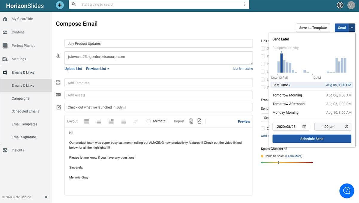 Bigtincan sales engagement software: Email deliverability & best time to send an email.