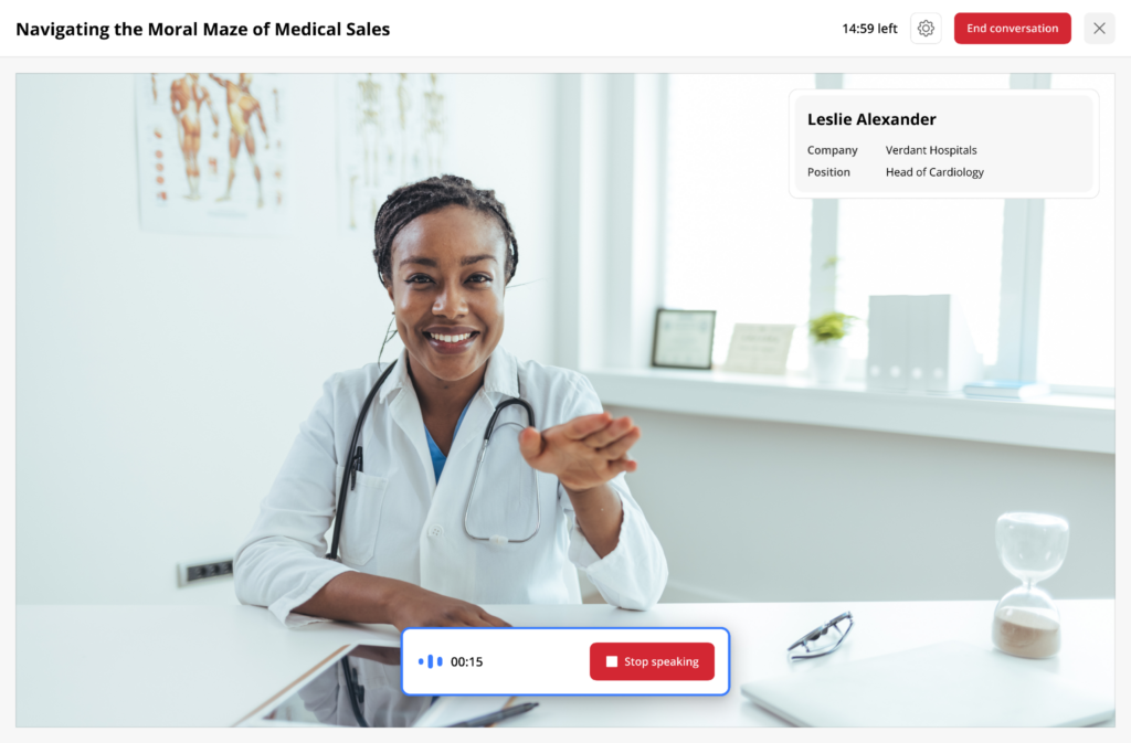 Screenshot of RolePlay AI platform used to help sales teams practice messaging and align with marketing strategy