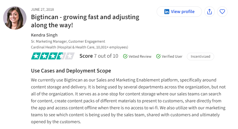 customer review of Bigtincan marketing content use case