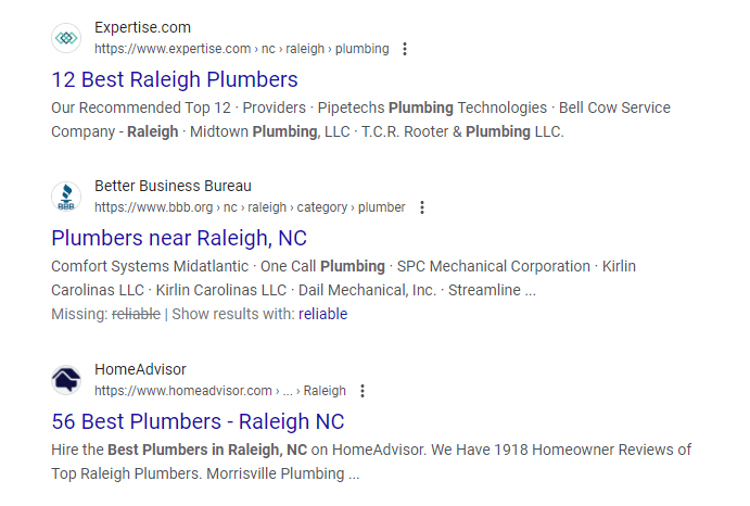 best plumbers listicles from google search