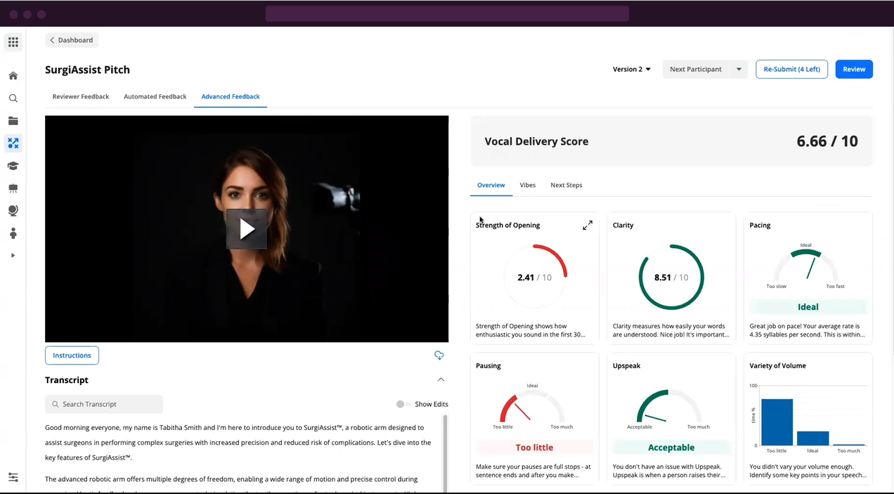 CoachingAI vocal delivery score and advanced feedback.