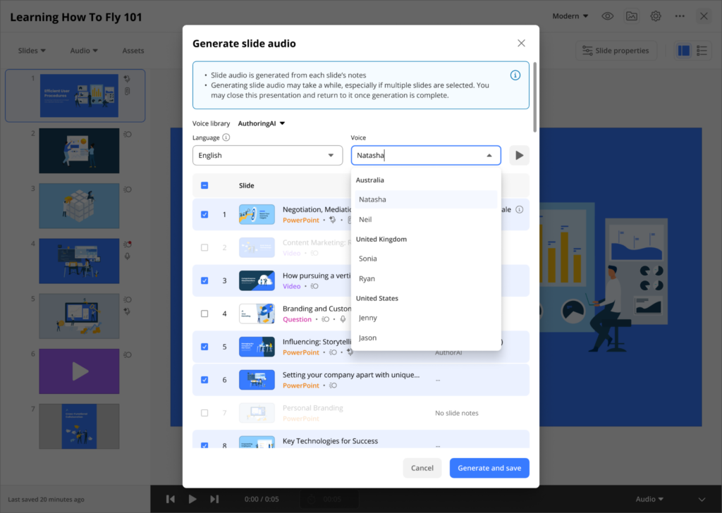 generate audio from slide notes with authoringai for content authoring