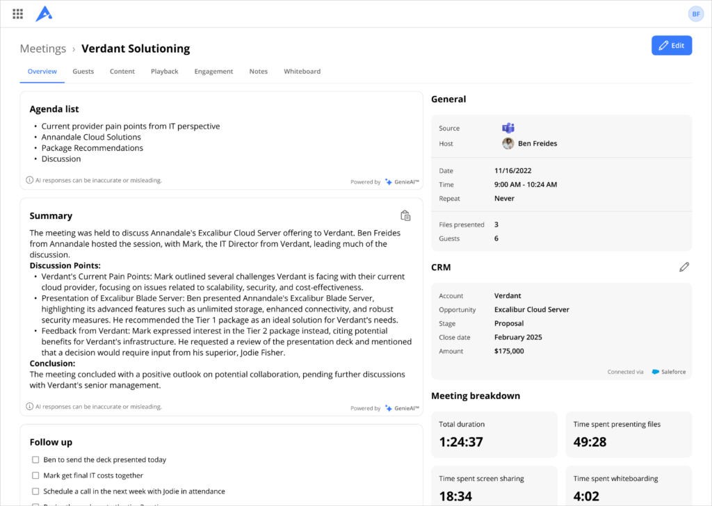 Bigtincan Meetings and MeetingsAI summary and details for crm logging