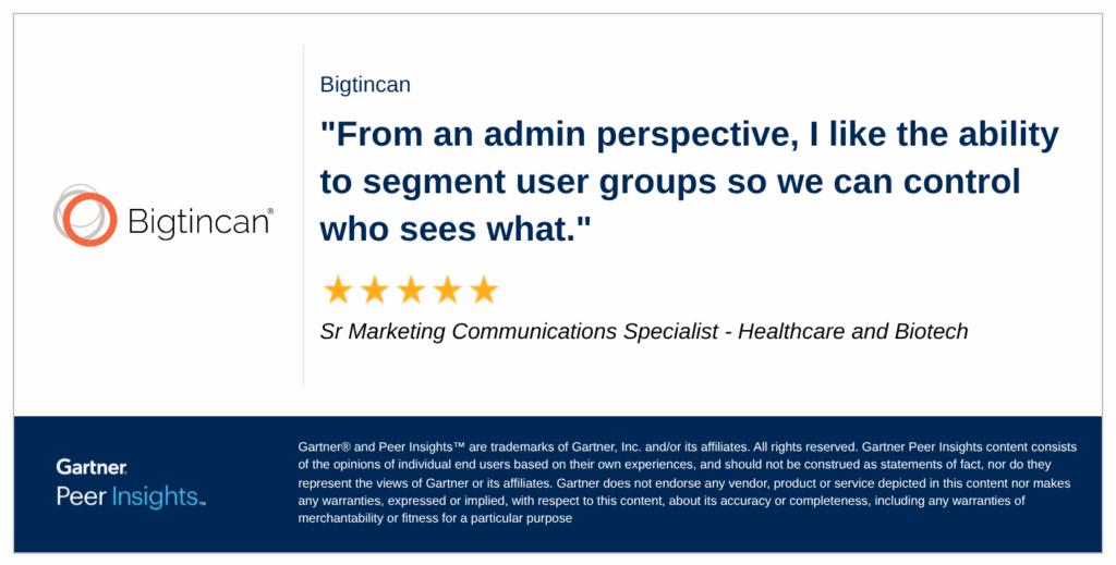 5 star gartner review for bigtincan from an enablement platform admin