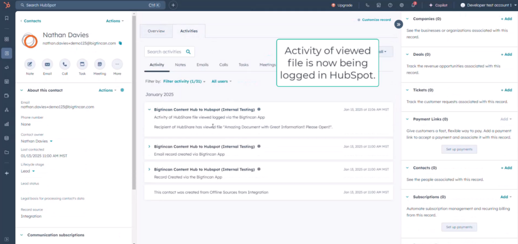Content engagement is automatically logged in HubSpot, so every action is tracked without extra work. 