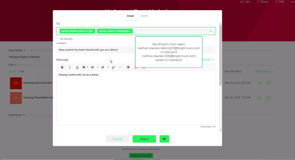 Bigtincan automatically matches or creates HubSpot contacts when content is shared — no manual updates needed. 