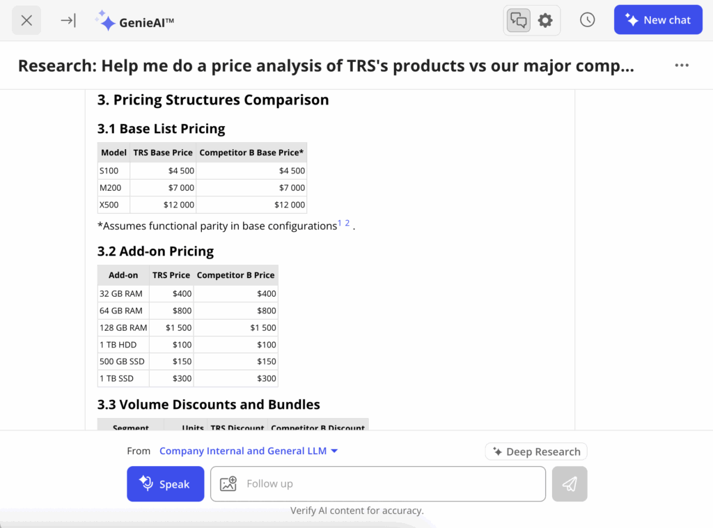genie assistant ai deep research agent for quickly compiling competitive, pricing, and other information